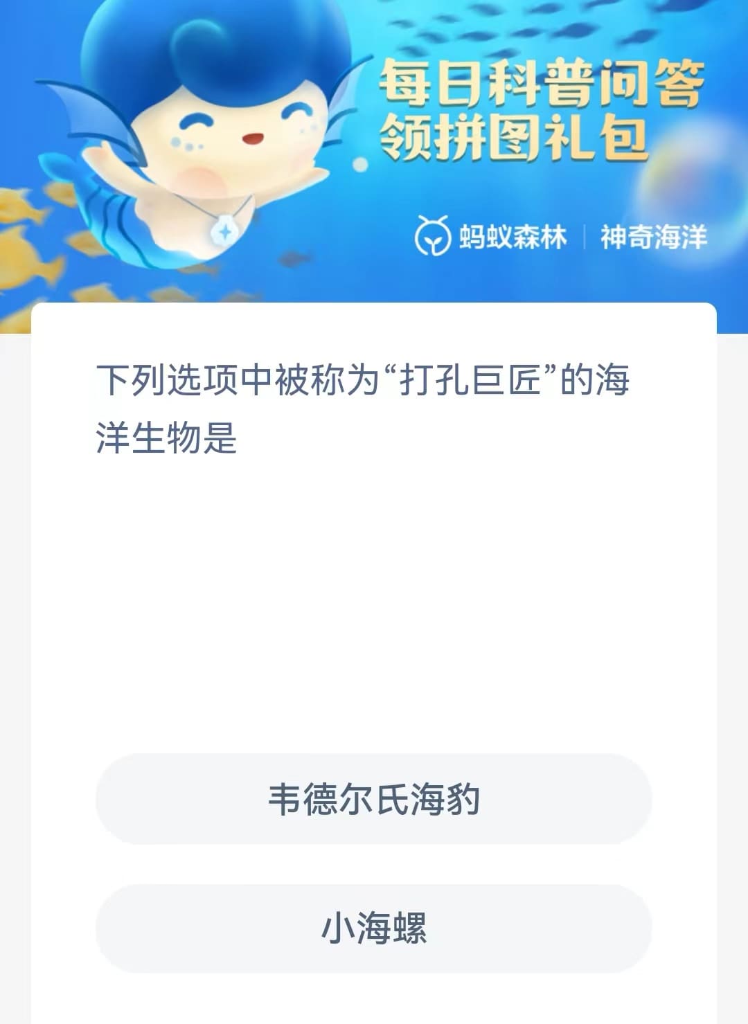 图：《神奇海洋》今日答案8.2下列选项中被称为打孔巨匠的海洋生物是